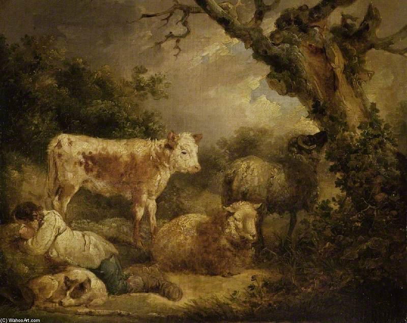Wikioo.org – L'Enciclopedia delle Belle Arti - Pittura, Opere di George Morland - Vitello e le pecore