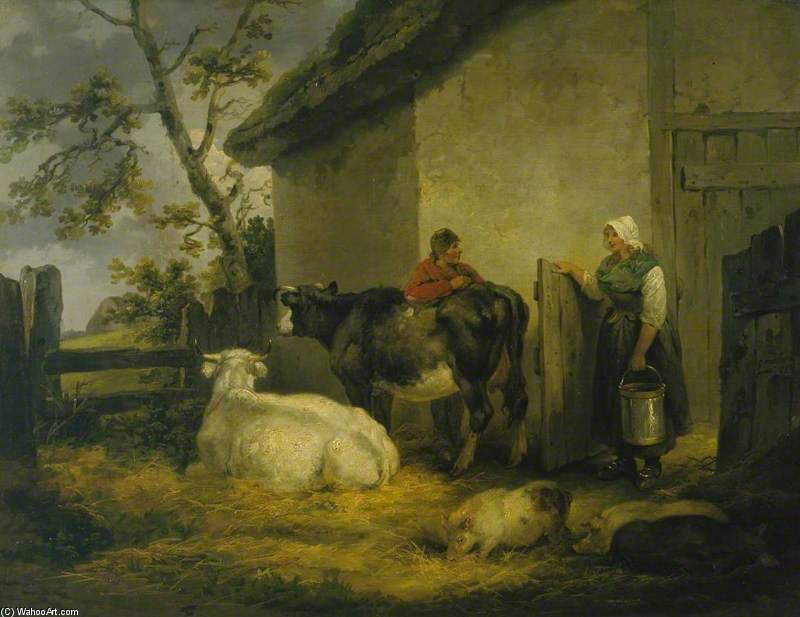 Wikioo.org - The Encyclopedia of Fine Arts - Painting, Artwork by George Morland - Cowherd And Milkmaid