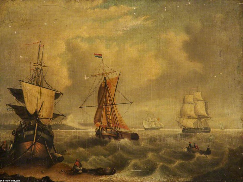 Wikioo.org - The Encyclopedia of Fine Arts - Painting, Artwork by George Morland - English And French Fishing Boats Off Yarmouth