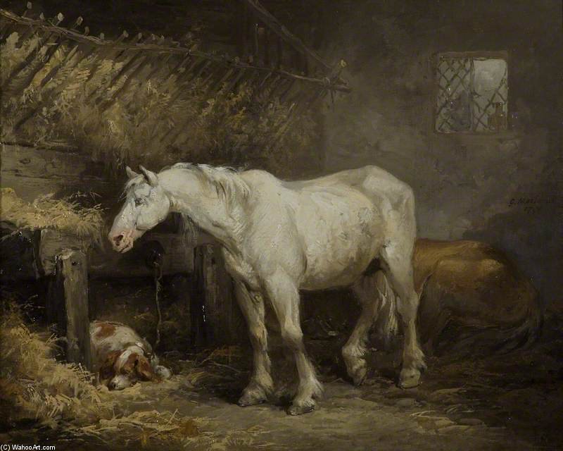 Wikioo.org - The Encyclopedia of Fine Arts - Painting, Artwork by George Morland - Horse And Dog In A Stable