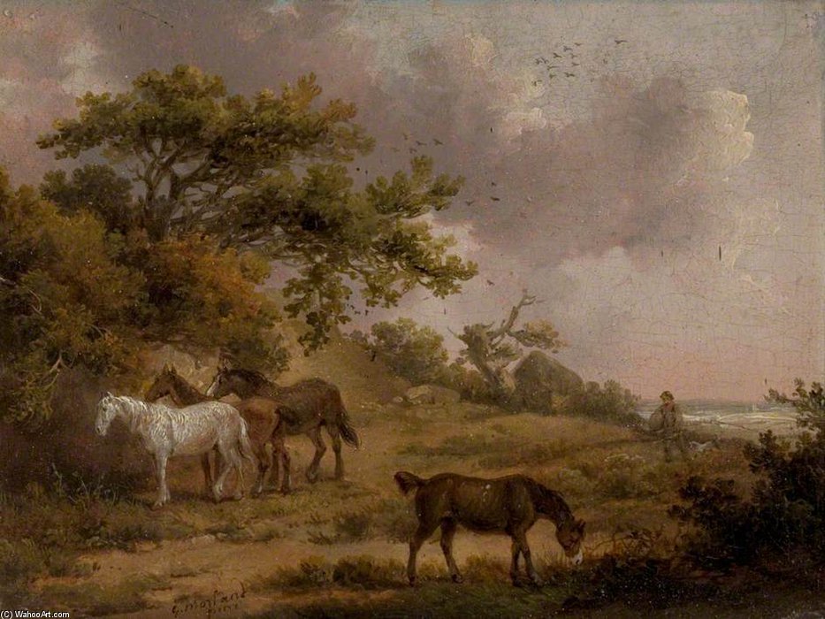 Wikioo.org - The Encyclopedia of Fine Arts - Painting, Artwork by George Morland - Landscape With Four Horses