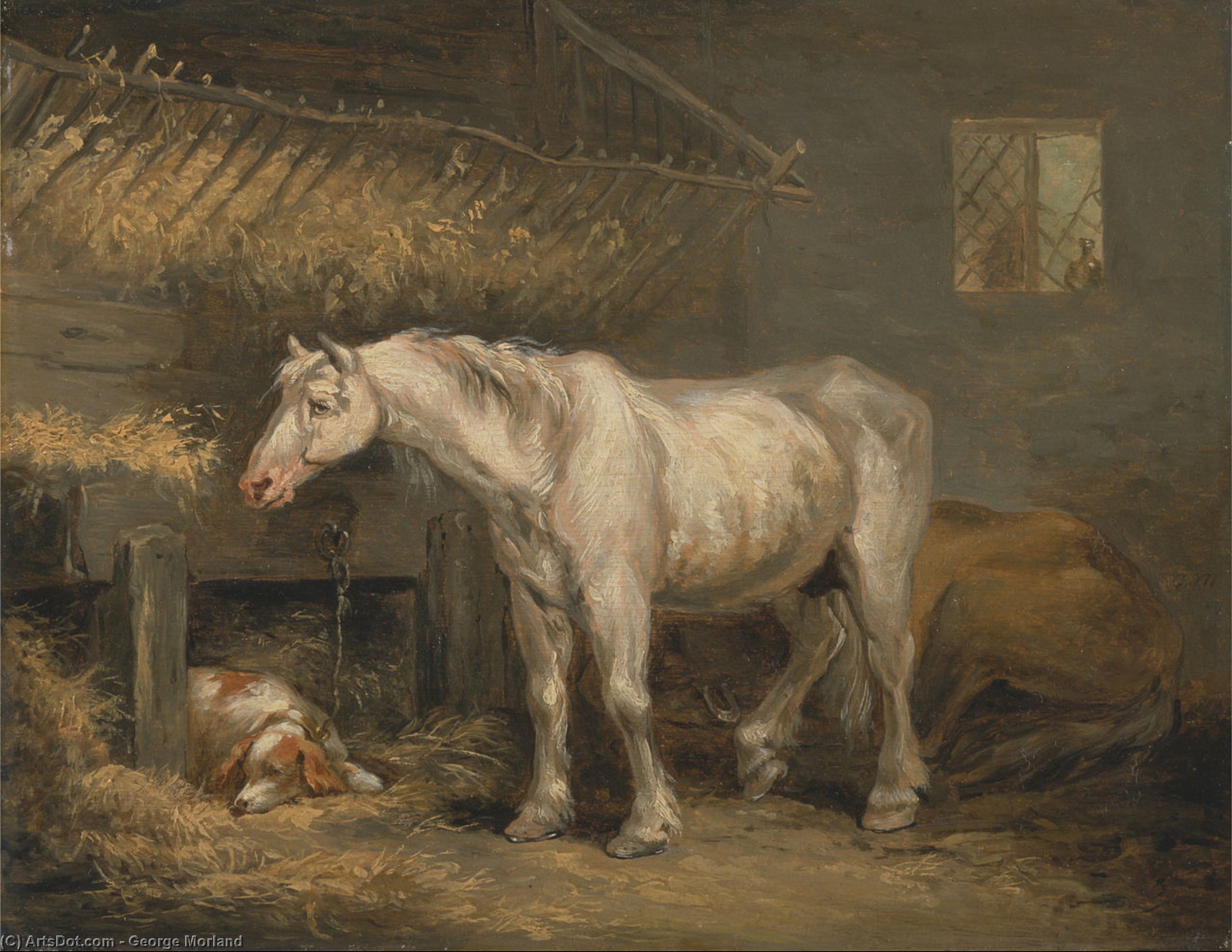 Wikioo.org - The Encyclopedia of Fine Arts - Painting, Artwork by George Morland - Old Horses With A Dog In A Stable