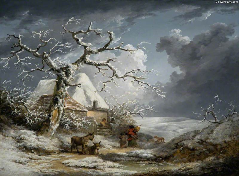 Wikioo.org - The Encyclopedia of Fine Arts - Painting, Artwork by George Morland - Winter Landscape With Peasants And Donkeys
