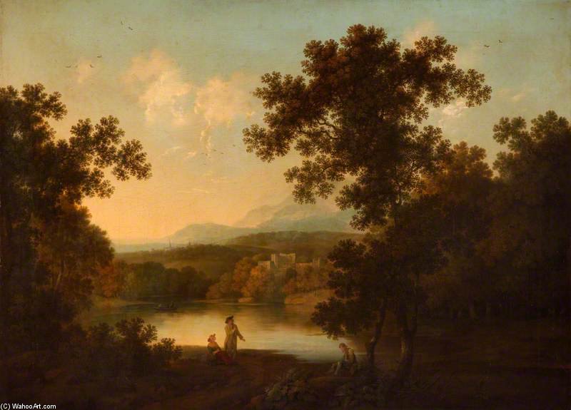 Wikioo.org - The Encyclopedia of Fine Arts - Painting, Artwork by George Smith - A Landscape With Views Of A Ruined Castle And A Distant Town Seen Over Water