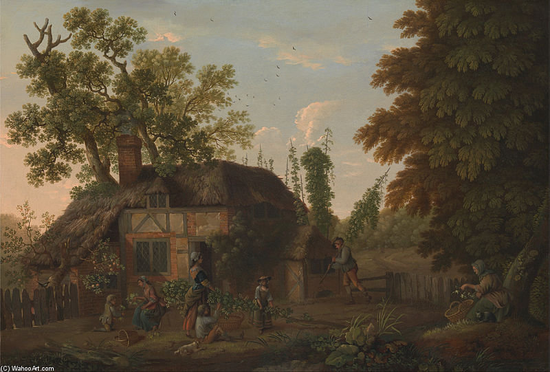 Wikioo.org - สารานุกรมวิจิตรศิลป์ - จิตรกรรม George Smith - Hop Pickers Outside A Cottage