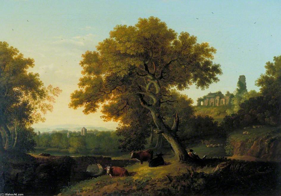 Wikioo.org - The Encyclopedia of Fine Arts - Painting, Artwork by George Smith - Landscape With Ruined Church On A Hill