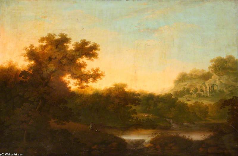 WikiOO.org - Encyclopedia of Fine Arts - Malba, Artwork George Smith - River Landscape, With Fisherman
