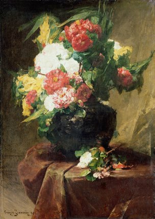 WikiOO.org - Enciklopedija dailės - Tapyba, meno kuriniai Georges Jeannin - Peonies In A Vase On A Draped Table
