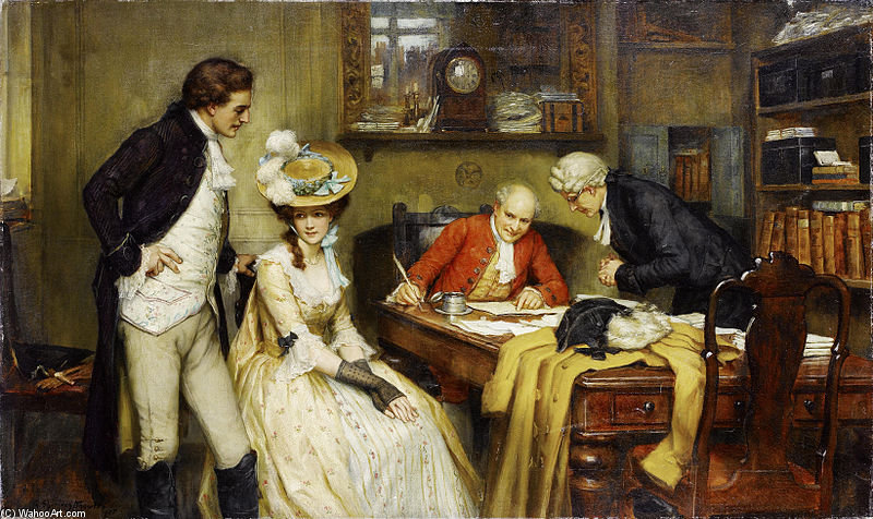 Wikioo.org - สารานุกรมวิจิตรศิลป์ - จิตรกรรม George Sheridan Knowles - Signing The Marriage Contract