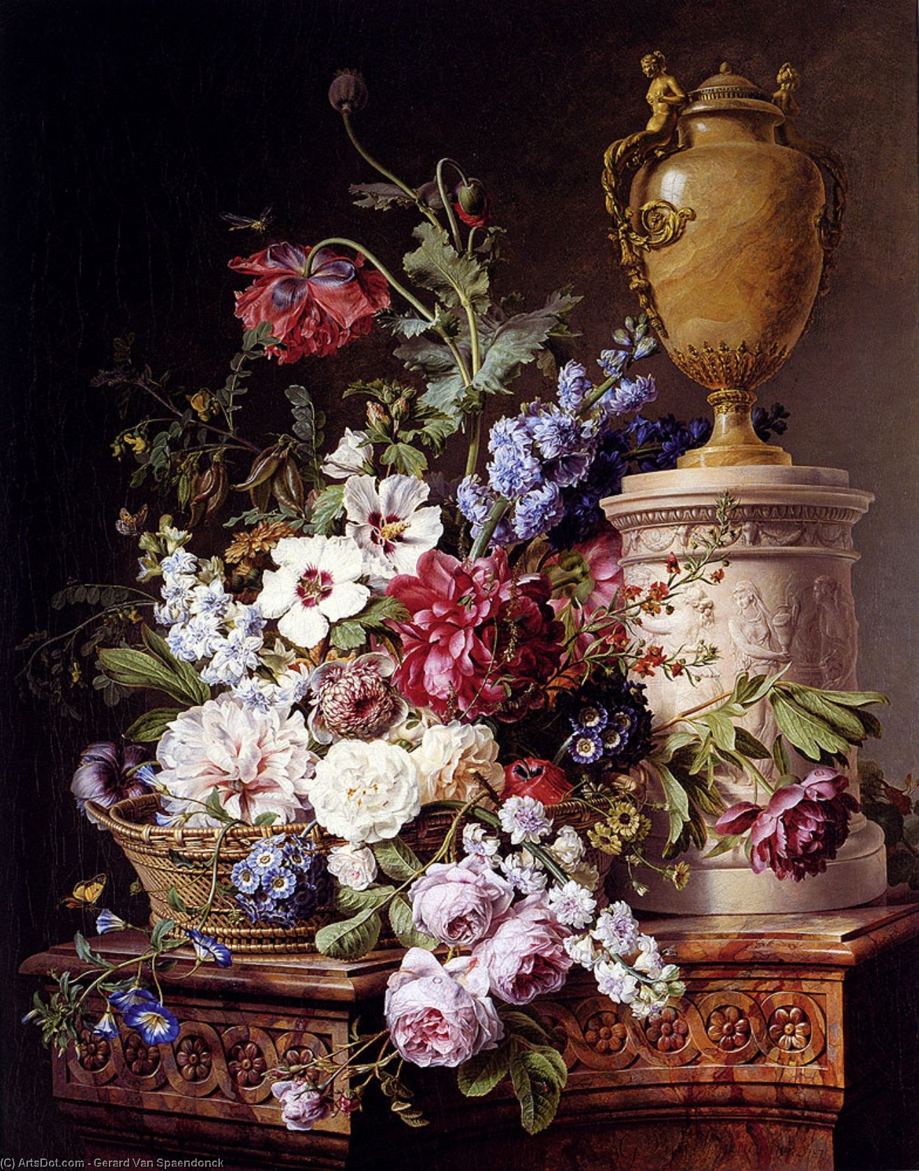 Wikioo.org - The Encyclopedia of Fine Arts - Painting, Artwork by Gerard Van Spaendonck - Still-life With Flowers And Insects On Marble Plinth