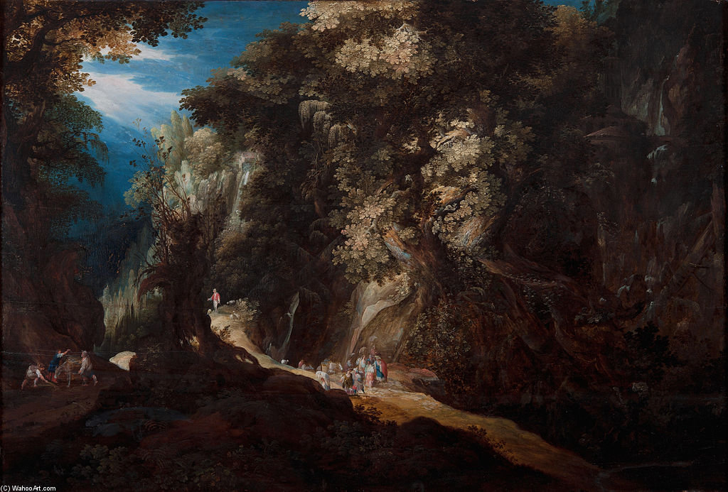 WikiOO.org – 美術百科全書 - 繪畫，作品 Gijsbrecht Leytens - 树木繁茂 山 景观  与 “瀑布 和 旅行者
