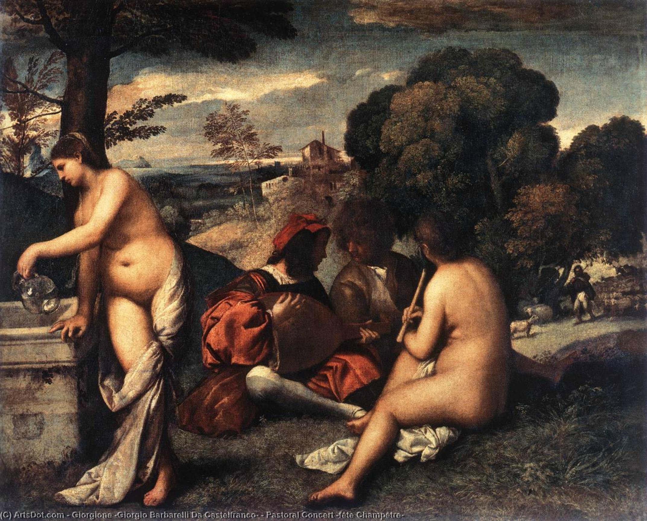 WikiOO.org - Encyclopedia of Fine Arts - Festés, Grafika Giorgione (Giorgio Barbarelli Da Castelfranco) - Pastoral Concert (fête Champêtre)