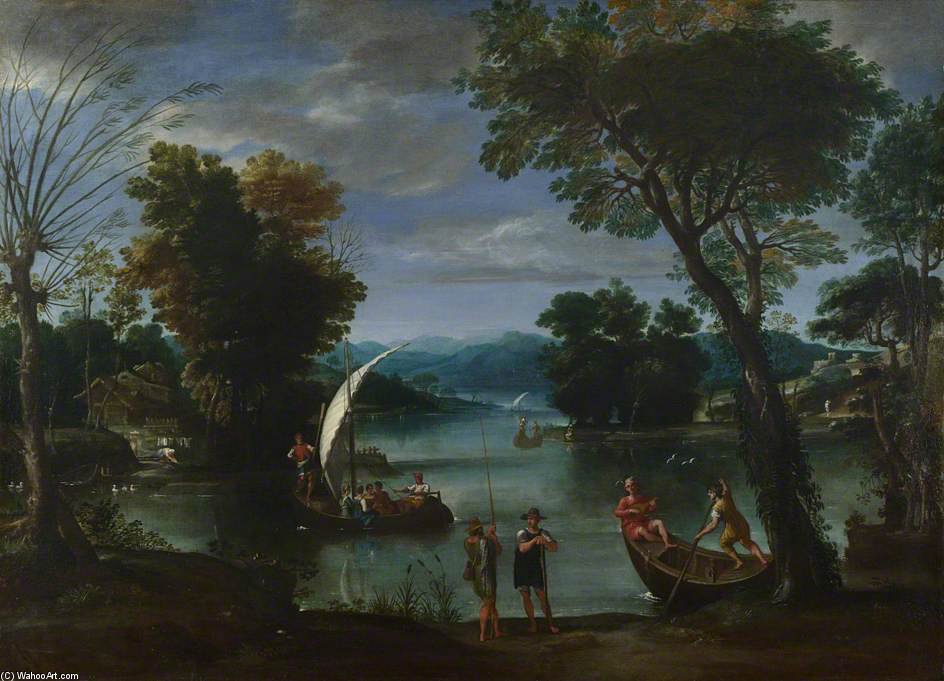 Wikioo.org - The Encyclopedia of Fine Arts - Painting, Artwork by Giovan Battista Viola - Landscape With A River And Boats