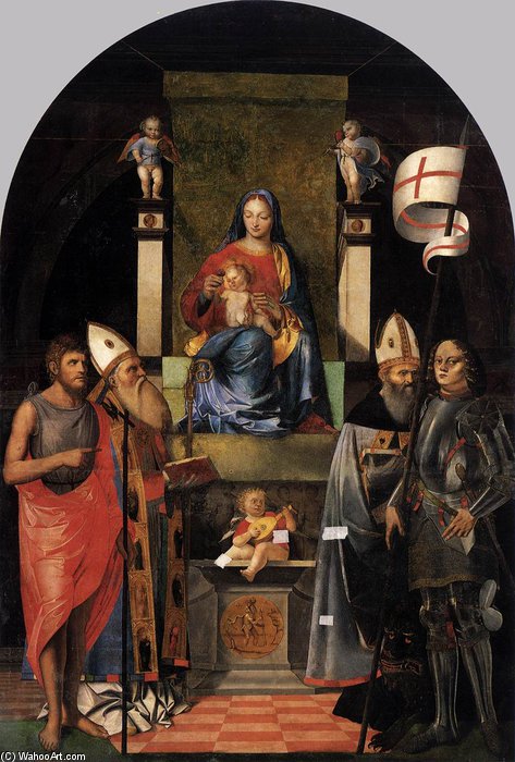 Wikioo.org - The Encyclopedia of Fine Arts - Painting, Artwork by Giovanni Agostino Da Lodi - Virgin And Child Enthroned With Saints