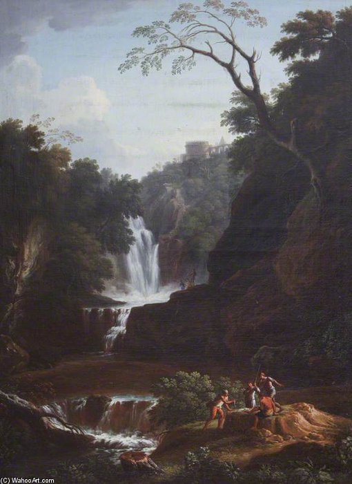 Wikioo.org - The Encyclopedia of Fine Arts - Painting, Artwork by Giovanni Battista Busiri - Capriccio Of A Waterfall With The Tomb Of Cecilia Metella