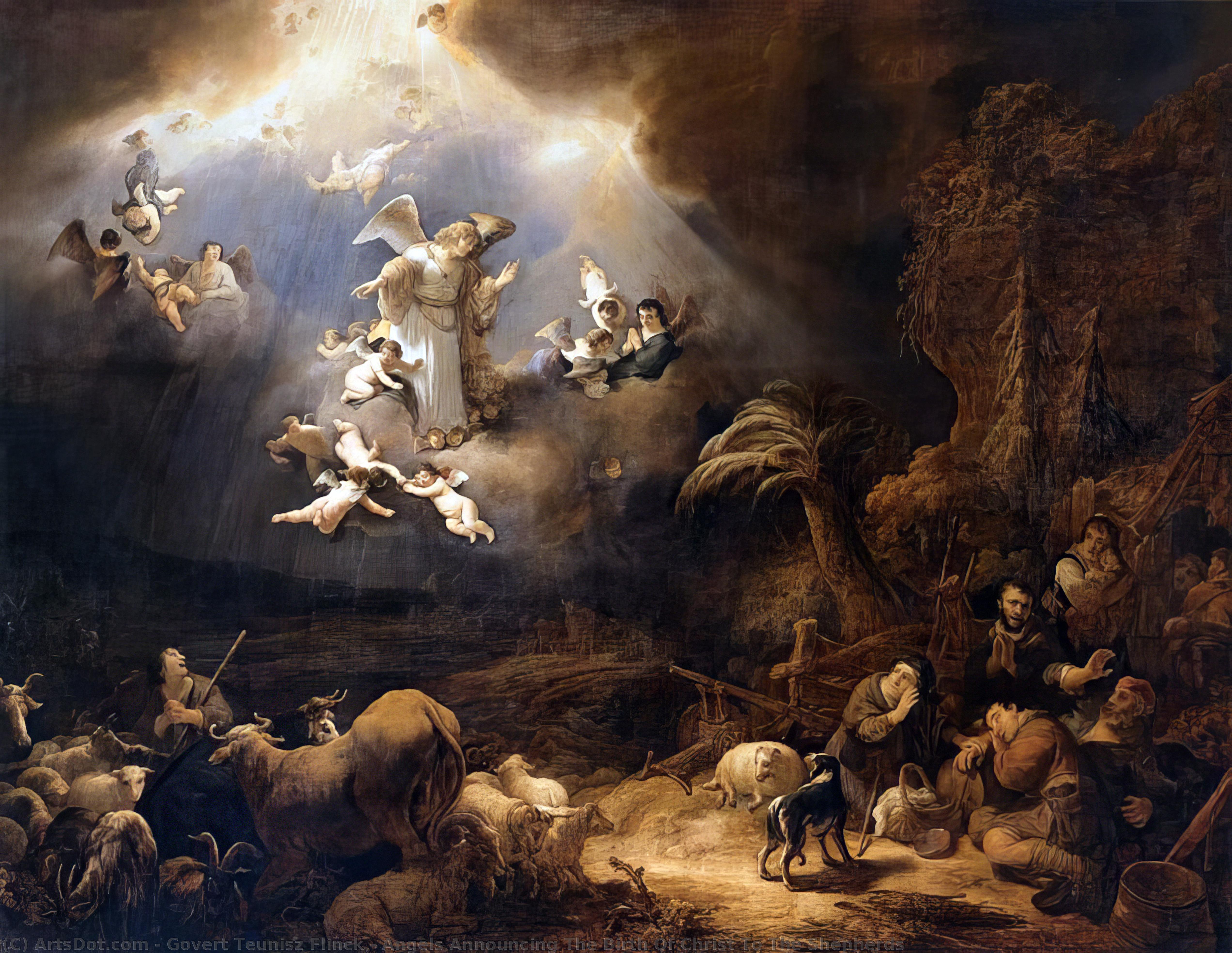 Wikioo.org - The Encyclopedia of Fine Arts - Painting, Artwork by Govert Teunisz Flinck - Angels Announcing The Birth Of Christ To The Shepherds