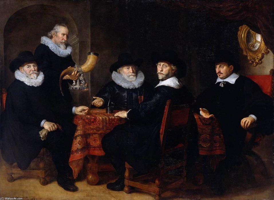 Wikioo.org - The Encyclopedia of Fine Arts - Painting, Artwork by Govert Teunisz Flinck - Four Governors Of The Arquebusiers Civic Guard, Amsterdam