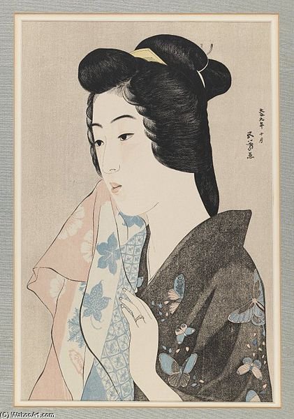 WikiOO.org - Encyclopedia of Fine Arts - Schilderen, Artwork Goyo Hashiguchi - Lady In Grey Kimono With Towel