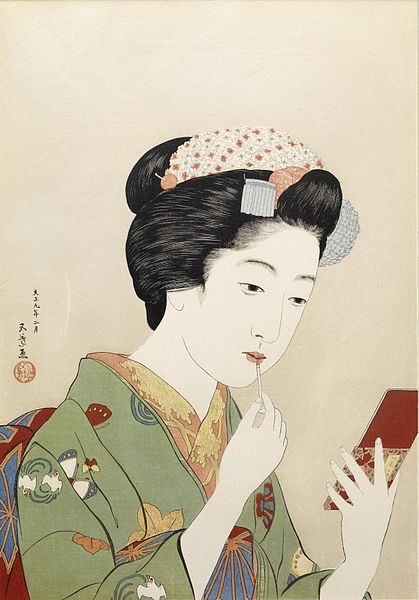 WikiOO.org - Encyclopedia of Fine Arts - Schilderen, Artwork Goyo Hashiguchi - Woman Applying Color To Her Lips