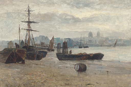 Wikioo.org - สารานุกรมวิจิตรศิลป์ - จิตรกรรม Gustave De Breanski - Beached Ships With A Townscape In The Distance