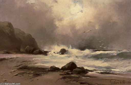Wikioo.org - The Encyclopedia of Fine Arts - Painting, Artwork by Gustave De Breanski - Waves Against A Beach