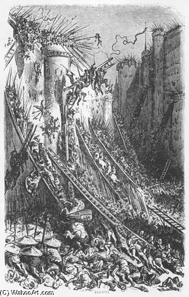 Wikioo.org – La Enciclopedia de las Bellas Artes - Pintura, Obras de arte de Paul Gustave Doré - Atacar un castillo o una ciudad fortificada