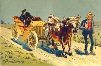 Wikioo.org - The Encyclopedia of Fine Arts - Painting, Artwork by Paul Gustave Doré - Cow Pulling A Motor Car