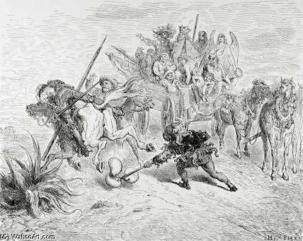 Wikioo.org - The Encyclopedia of Fine Arts - Painting, Artwork by Paul Gustave Doré - Don Quixote Meets A Traveling Theater Group
