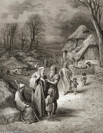 WikiOO.org - Encyclopedia of Fine Arts - Målning, konstverk Paul Gustave Doré - Pilgrims Being Fed By Peasants