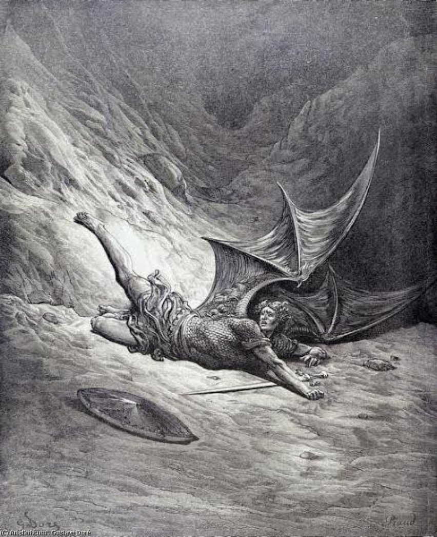 WikiOO.org - Encyclopedia of Fine Arts - Lukisan, Artwork Paul Gustave Doré - Satan Smitten By Michael, From Book Vi Of 'paradise...
