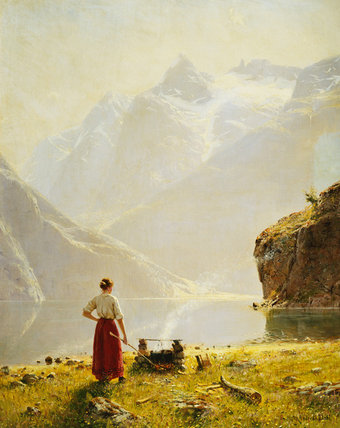 Wikioo.org – La Enciclopedia de las Bellas Artes - Pintura, Obras de arte de Hans Andreas Dahl - Un día de verano en un fiordo noruego