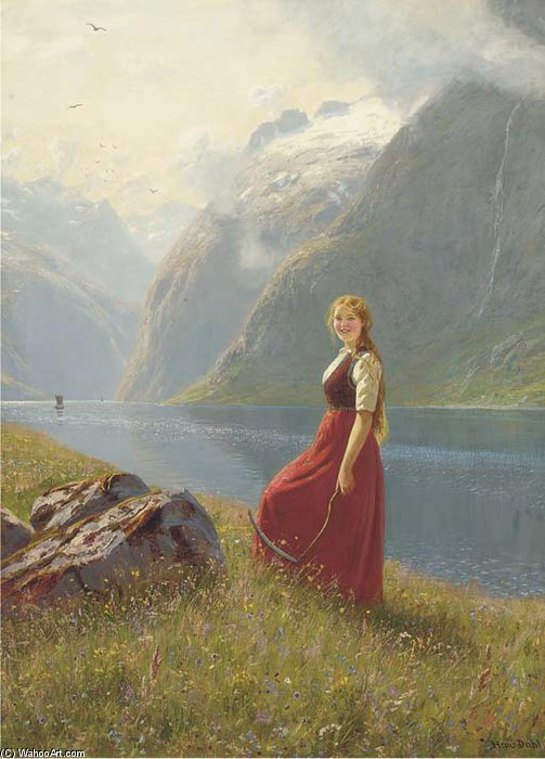 Wikioo.org - The Encyclopedia of Fine Arts - Painting, Artwork by Hans Andreas Dahl - A Young Harvester At A Sunlit Fjord
