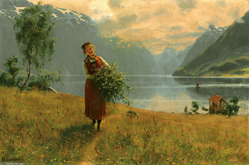 Wikioo.org - Die Enzyklopädie bildender Kunst - Malerei, Kunstwerk von Hans Andreas Dahl - Junges Mädchen mit Birkenzweigen Vor Einem Norwegischen Fjord.