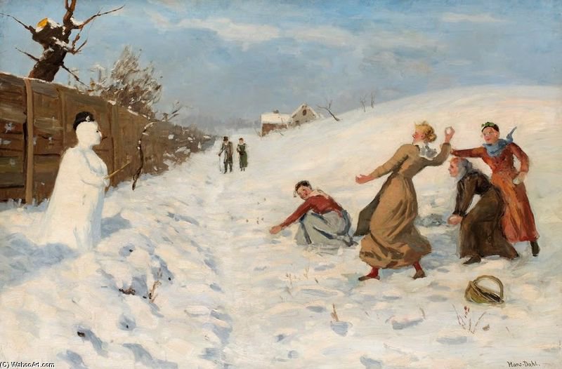 Wikioo.org - The Encyclopedia of Fine Arts - Painting, Artwork by Hans Andreas Dahl - Snowball Fight And Snowman