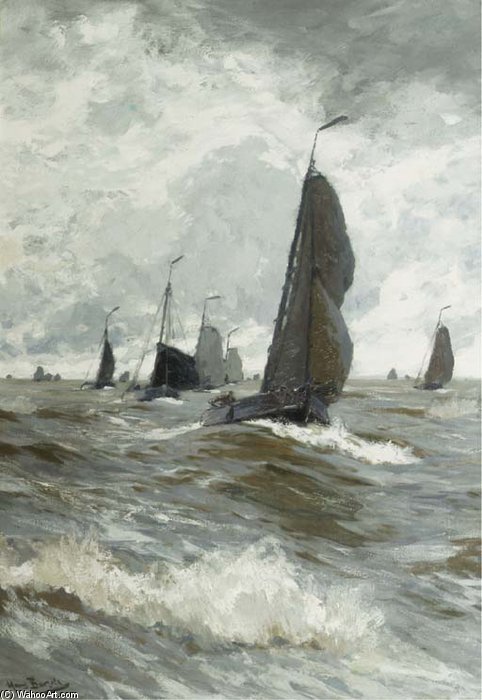 Wikioo.org – L'Enciclopedia delle Belle Arti - Pittura, Opere di Hans Von Bartels - Una flotta di pesca in un rigido brezza sulla Zuiderzee