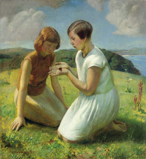 Wikioo.org - The Encyclopedia of Fine Arts - Painting, Artwork by Harold Harvey - Two Young Girls With A Butterfly