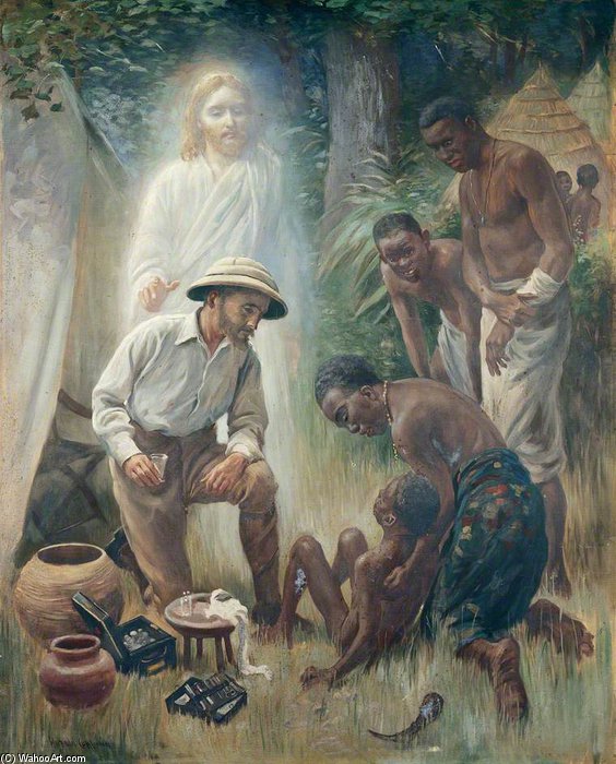 Wikioo.org - The Encyclopedia of Fine Arts - Painting, Artwork by Harold Copping - A Medical Missionary Attending To A Sick African