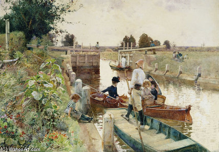 WikiOO.org - אנציקלופדיה לאמנויות יפות - ציור, יצירות אמנות Hector Caffieri - Boaters In A Lock On The Thames