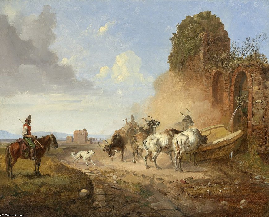Wikioo.org - The Encyclopedia of Fine Arts - Painting, Artwork by Heinrich Bürkel - Cattle Watering At A Fountain On The Via Appia Antiqua