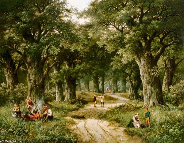 Wikioo.org - The Encyclopedia of Fine Arts - Painting, Artwork by Hendrik Barend Koekkoek - Country People At A Fire Place On The Edge Of A Woodland Path