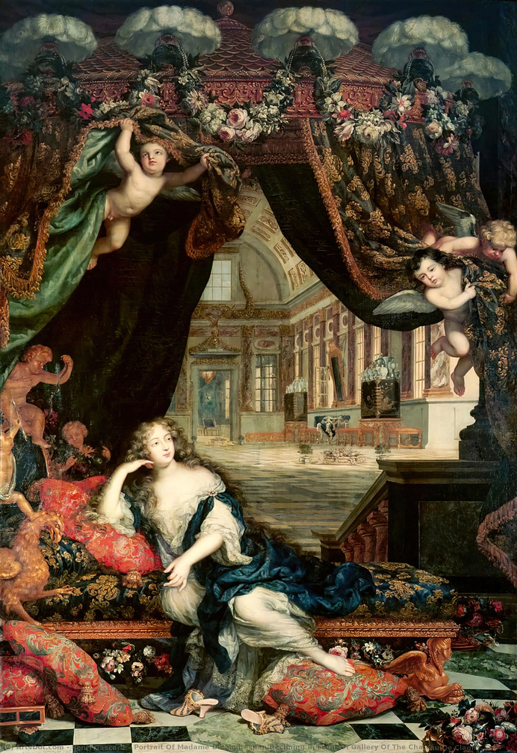 Wikioo.org - The Encyclopedia of Fine Arts - Painting, Artwork by Henri Gascard - Portrait Of Madame De Montespan Reclining In Front Of Gallery Of The Chateau De Clagny