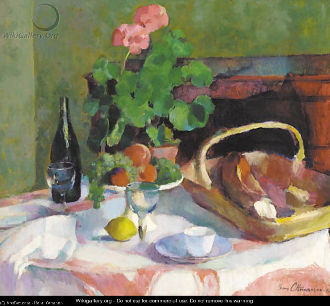 Wikioo.org – La Enciclopedia de las Bellas Artes - Pintura, Obras de arte de Henri Ottmann - Un geranio  cómo  bote  enestado  frutas