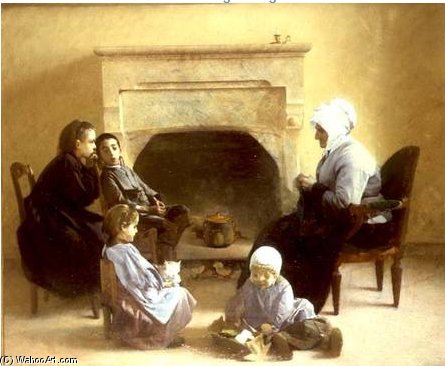 Wikioo.org - The Encyclopedia of Fine Arts - Painting, Artwork by Henri Jules Jean Geoffroy Dit Geo - Family Seated Around A Hearth