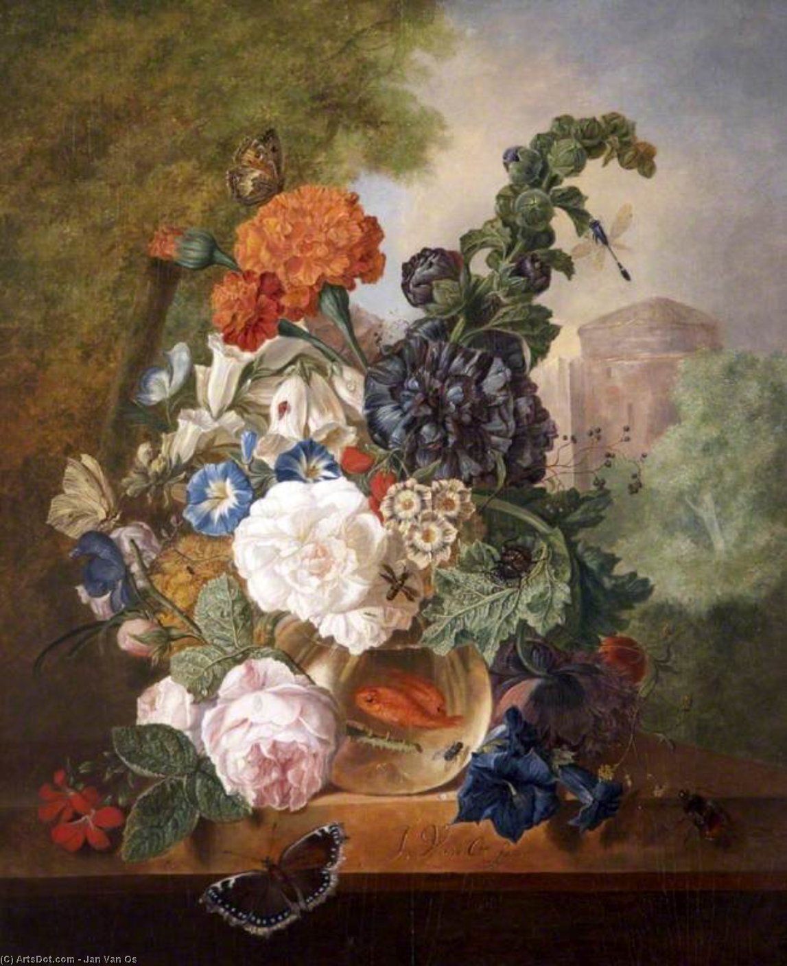 Wikioo.org - The Encyclopedia of Fine Arts - Painting, Artwork by Jan Van Os - Flowers In A Goldfish Bowl In A Landscape With A Tower