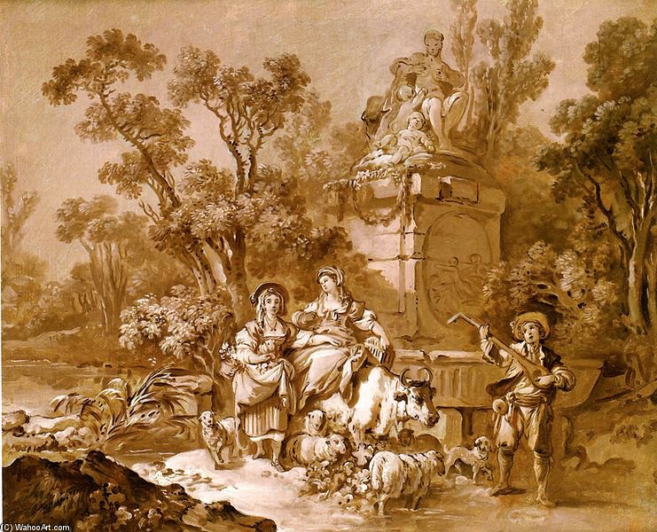 Wikioo.org - The Encyclopedia of Fine Arts - Painting, Artwork by Jean Baptiste Huet - Shepherdesses And Musician Sitting Beside A Monument
