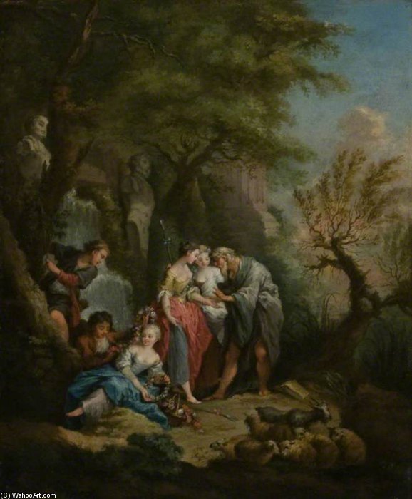 WikiOO.org - Encyclopedia of Fine Arts - Maalaus, taideteos Jean Baptiste Huet - Shepherdesses With A Fortune-teller By A Waterfall