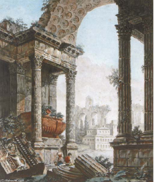 Wikioo.org – La Enciclopedia de las Bellas Artes - Pintura, Obras de arte de Jean Francois Janinet - figuras entre `architectural` ruinas