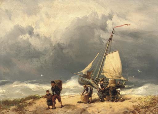 Wikioo.org - The Encyclopedia of Fine Arts - Painting, Artwork by Hermanus Koekkoek (The Elder) - Fisherfolk On A Windswept Beach