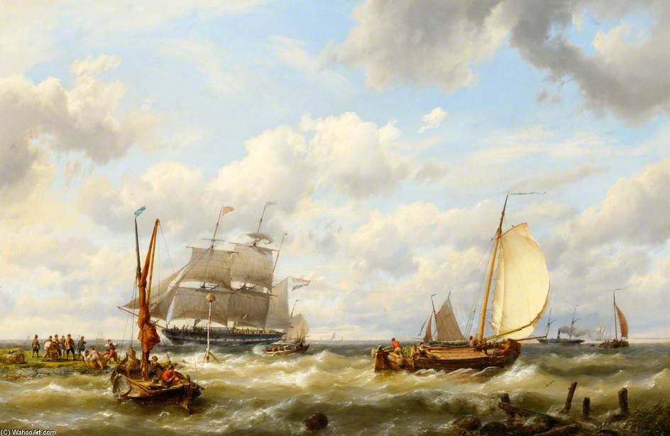 Wikioo.org - The Encyclopedia of Fine Arts - Painting, Artwork by Hermanus Koekkoek (The Elder) - Sailing Ships And A Paddle Steamer Offshore
