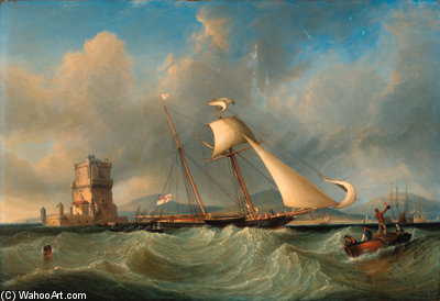 WikiOO.org - Encyclopedia of Fine Arts - Maleri, Artwork John Christian Schetky - Lord Belfast's Yacht Emily Hove-to For Her Owner To Come Aboard, Off The Belem Tower, Lisbon